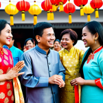 **Vibrant Malaysian Festival Unity**
    A vibrant outdoor scene depicting a multi-cultural festival in Malaysia. A diverse group of individuals from Malay, Chinese, and Indian communities are gathered, interacting joyfully and respectfully. A Malay woman is dressed in a modest Baju Kurung, a Chinese man wears a traditional Samfu shirt, and an Indian woman is adorned in a beautiful, appropriate Saree. All subjects are fully clothed in modest, appropriate attire. The background features colorful festive lanterns, delicate decorative elements reminiscent of Deepavali lights, and subtle hints of a Chinese New Year lion dance banner, symbolizing the harmonious celebration of diverse cultures. The atmosphere is lively, joyful, and inclusive. Perfect anatomy, correct proportions, natural pose, well-formed hands, proper finger count. Professional photography, high quality, realistic, safe for work, appropriate content, fully clothed, family-friendly.