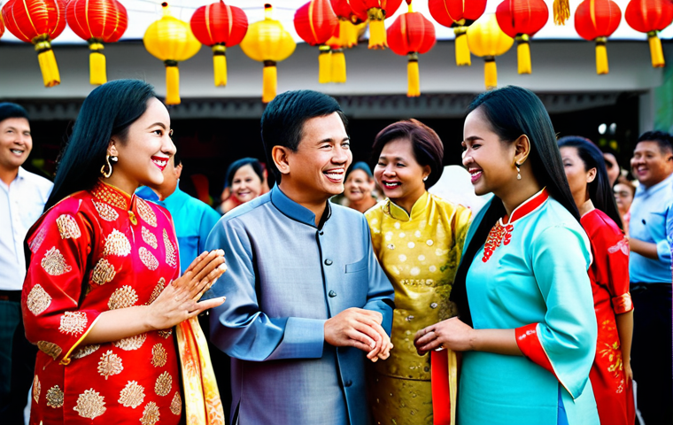 **Vibrant Malaysian Festival Unity**
A vibrant outdoor scene depicting a multi-cultural festival in Malaysia. A diverse group of individuals from Malay, Chinese, and Indian communities are gathered, interacting joyfully and respectfully. A Malay woman is dressed in a modest Baju Kurung, a Chinese man wears a traditional Samfu shirt, and an Indian woman is adorned in a beautiful, appropriate Saree. All subjects are fully clothed in modest, appropriate attire. The background features colorful festive lanterns, delicate decorative elements reminiscent of Deepavali lights, and subtle hints of a Chinese New Year lion dance banner, symbolizing the harmonious celebration of diverse cultures. The atmosphere is lively, joyful, and inclusive. Perfect anatomy, correct proportions, natural pose, well-formed hands, proper finger count. Professional photography, high quality, realistic, safe for work, appropriate content, fully clothed, family-friendly.