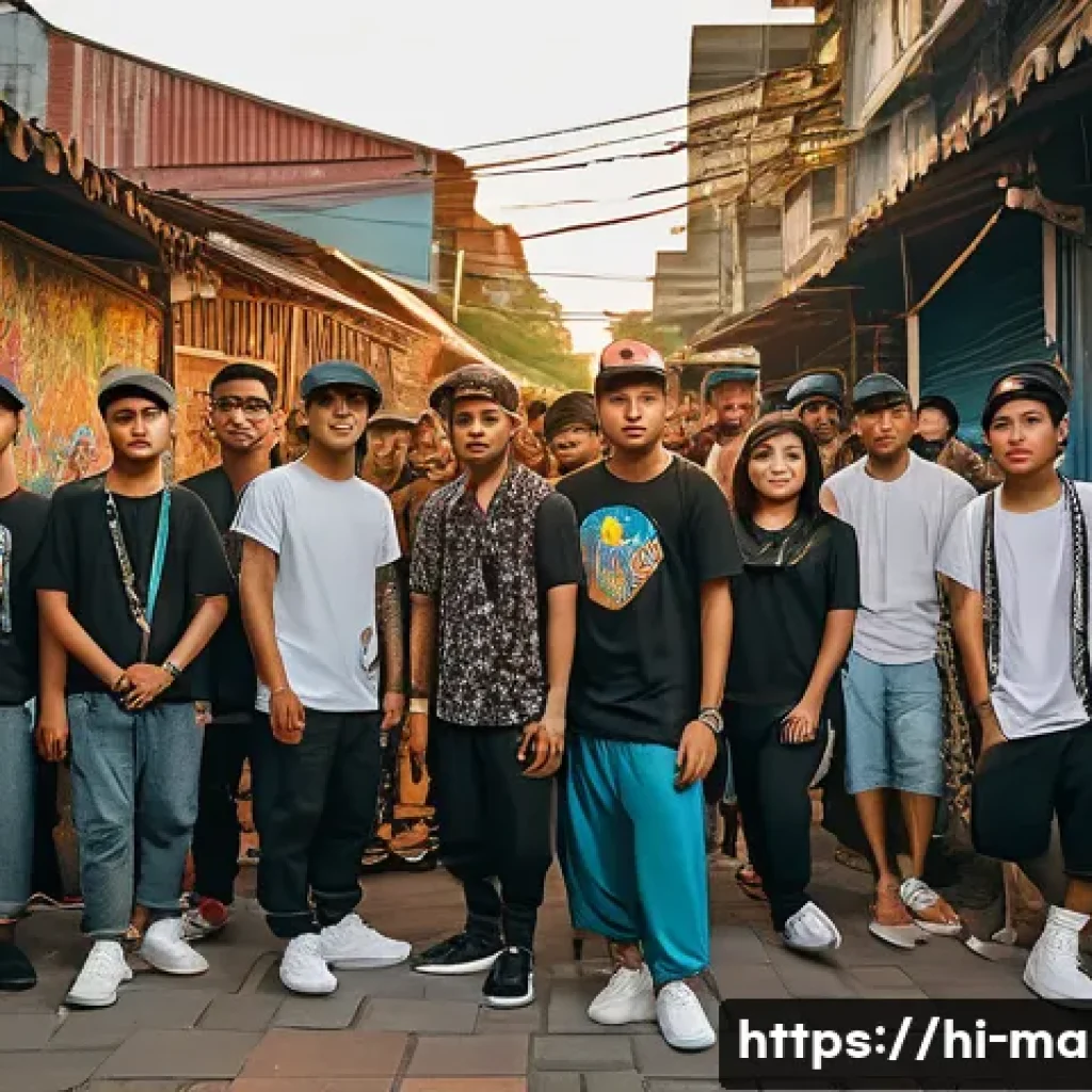 말레이시아에서 가장 유명한 래퍼 - A vibrant Malaysian hip-hop street scene at sunset, featuring diverse young artists performing with ...