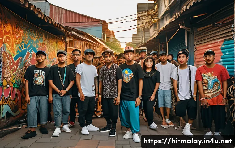 말레이시아에서 가장 유명한 래퍼 - A vibrant Malaysian hip-hop street scene at sunset, featuring diverse young artists performing with ...