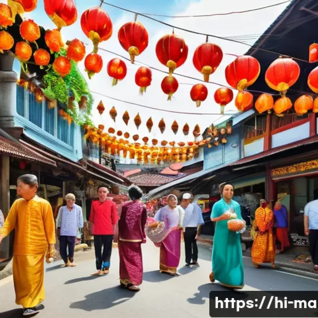 말레이시아의 대표적인 민족 구성 - A vibrant street scene in Malaysia showcasing multicultural harmony: Malay, Chinese, and Indian fami...