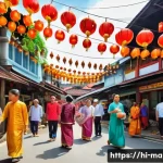 말레이시아의 대표적인 민족 구성 - A vibrant street scene in Malaysia showcasing multicultural harmony: Malay, Chinese, and Indian fami...