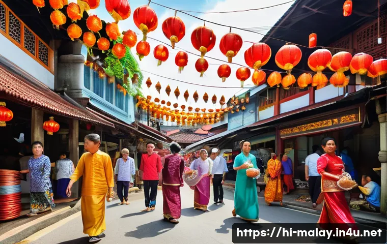말레이시아의 대표적인 민족 구성 - A vibrant street scene in Malaysia showcasing multicultural harmony: Malay, Chinese, and Indian fami...