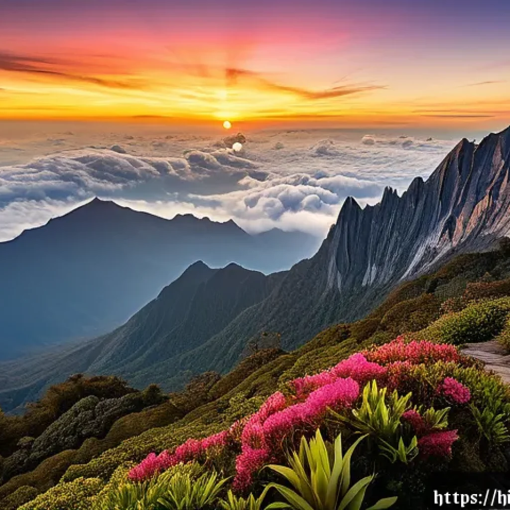 말레이시아 사바 주 여행 루트 - A breathtaking sunrise view from the summit of Mount Kinabalu in Sabah, Malaysia, featuring lush gre...
