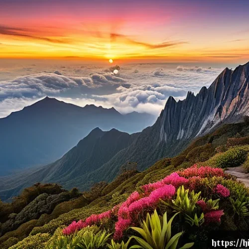 말레이시아 사바 주 여행 루트 - A breathtaking sunrise view from the summit of Mount Kinabalu in Sabah, Malaysia, featuring lush gre...