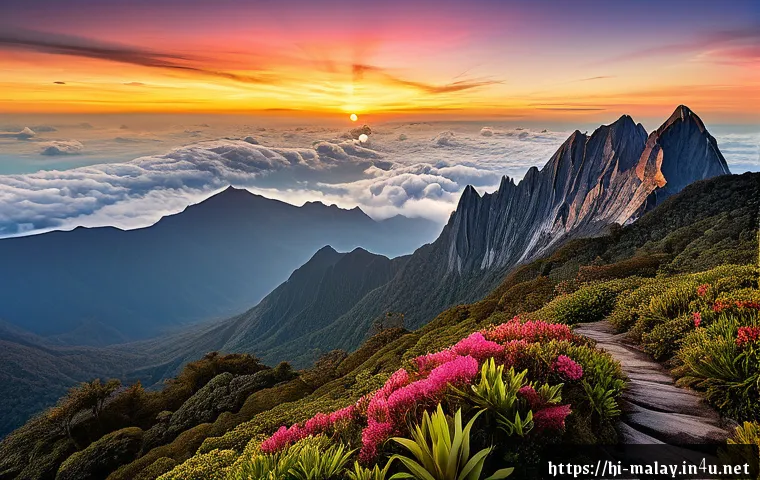 말레이시아 사바 주 여행 루트 - A breathtaking sunrise view from the summit of Mount Kinabalu in Sabah, Malaysia, featuring lush gre...