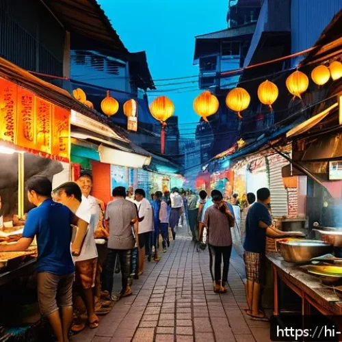 말레이시아 내 버젯 여행과 럭셔리 여행 비교 - A vibrant street scene in Kuala Lumpur's Petaling Street at dusk, showcasing colorful street food st...