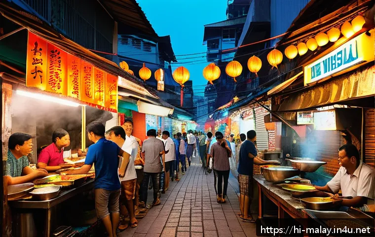 말레이시아 내 버젯 여행과 럭셔리 여행 비교 - A vibrant street scene in Kuala Lumpur's Petaling Street at dusk, showcasing colorful street food st...