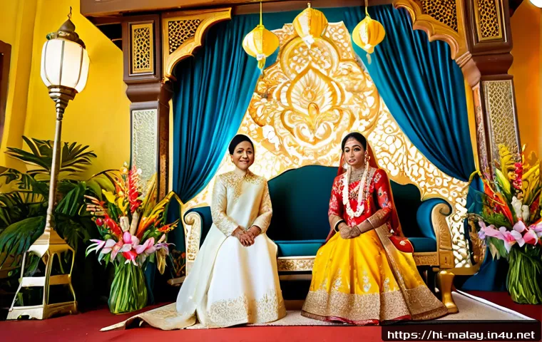 말레이시아의 독특한 결혼 문화 - Photorealistic Malaysian Malay wedding ceremony, bride and groom in elegant traditional attire seate...